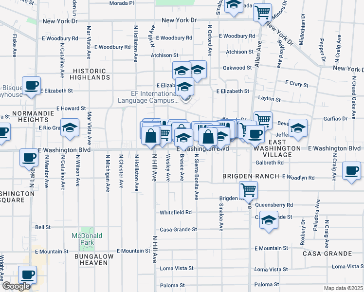 map of restaurants, bars, coffee shops, grocery stores, and more near 1517 East Washington Boulevard in Pasadena
