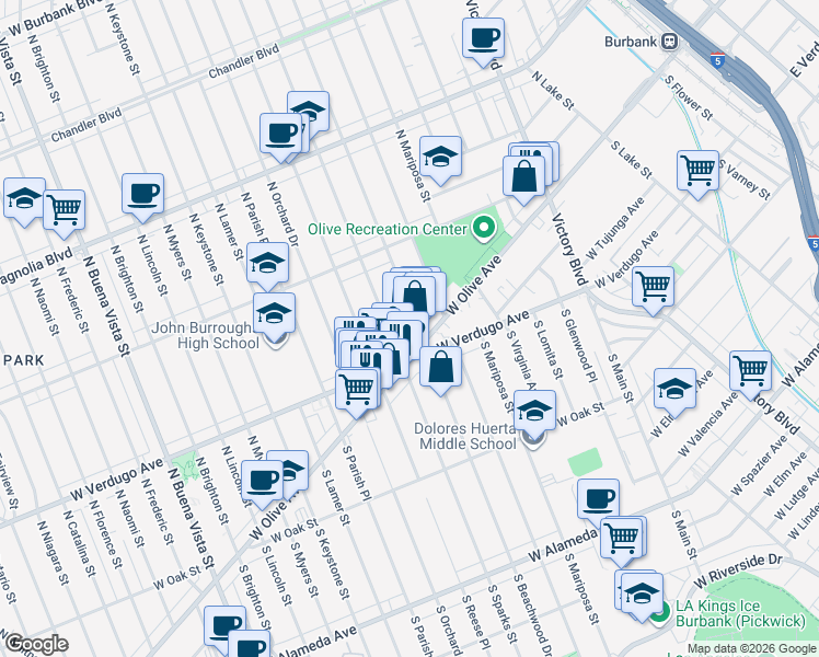 map of restaurants, bars, coffee shops, grocery stores, and more near 134 North Beachwood Drive in Burbank