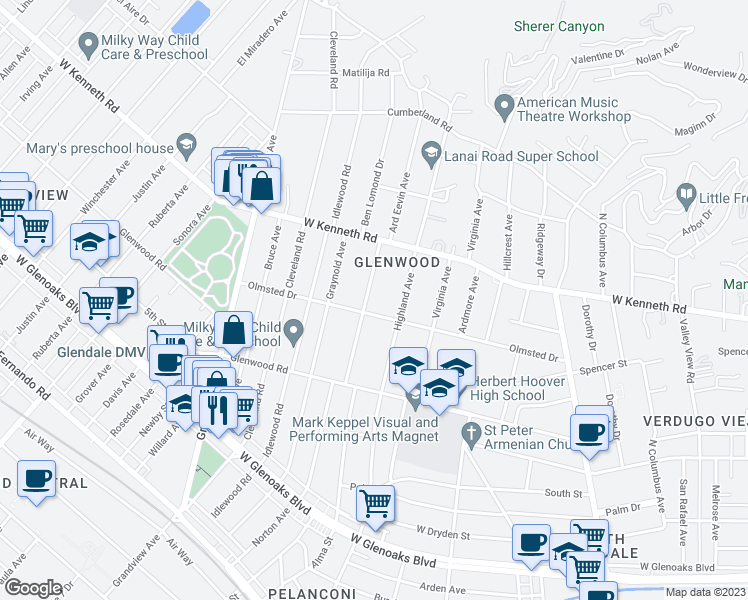 map of restaurants, bars, coffee shops, grocery stores, and more near 1412 Norton Avenue in Glendale