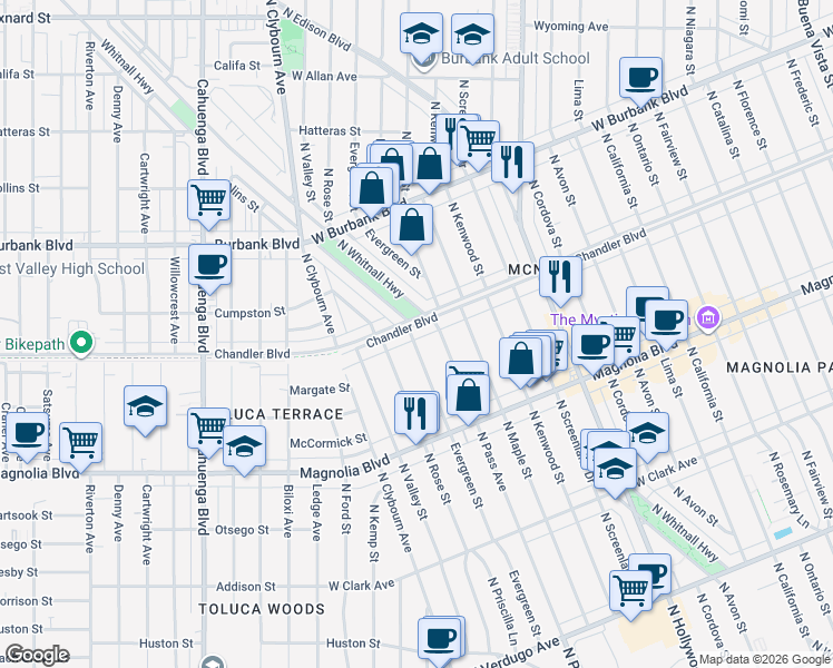 map of restaurants, bars, coffee shops, grocery stores, and more near in Burbank