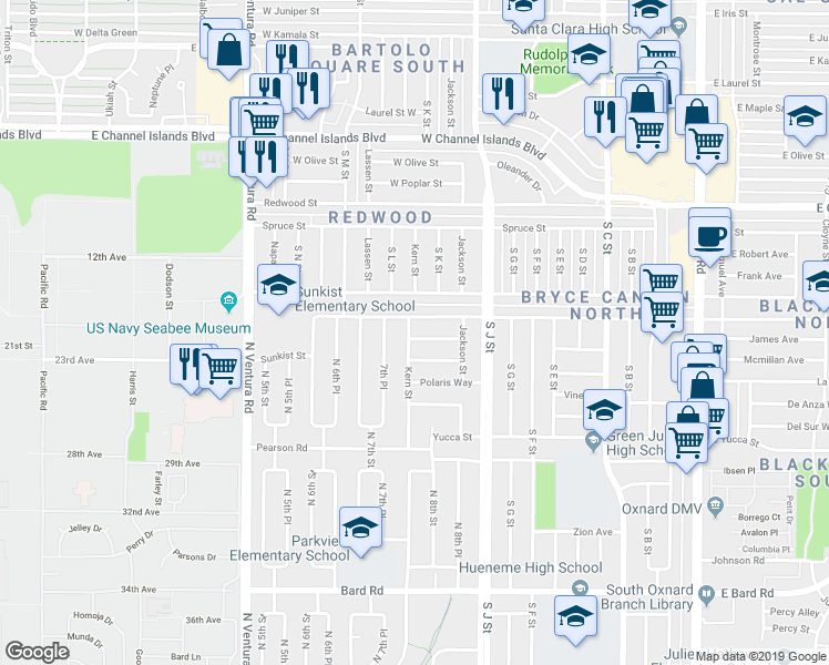 map of restaurants, bars, coffee shops, grocery stores, and more near 3320 Kern Street in Oxnard