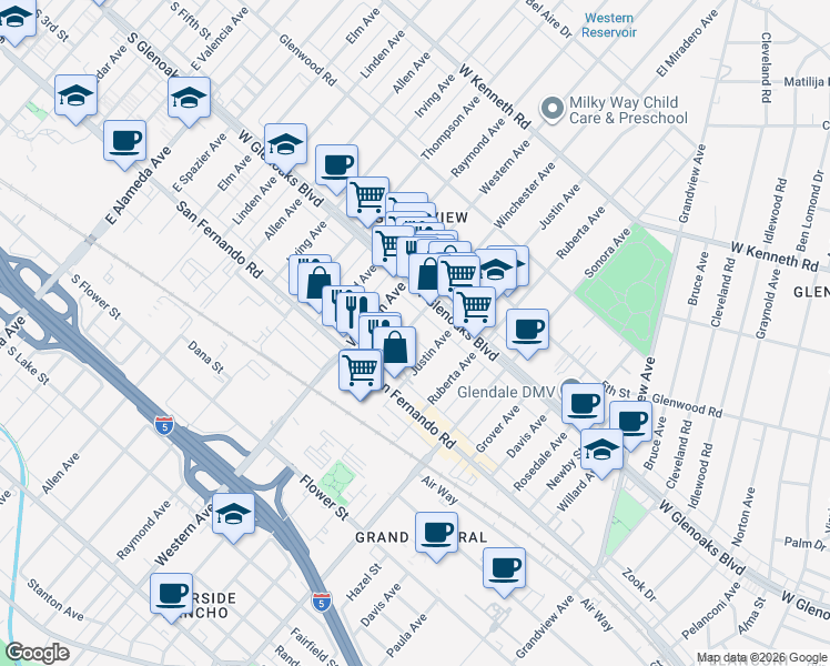 map of restaurants, bars, coffee shops, grocery stores, and more near 1044 Winchester Avenue in Glendale