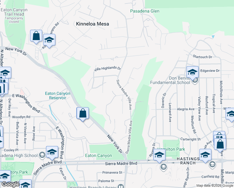 map of restaurants, bars, coffee shops, grocery stores, and more near 3325 Trevan Road in Pasadena