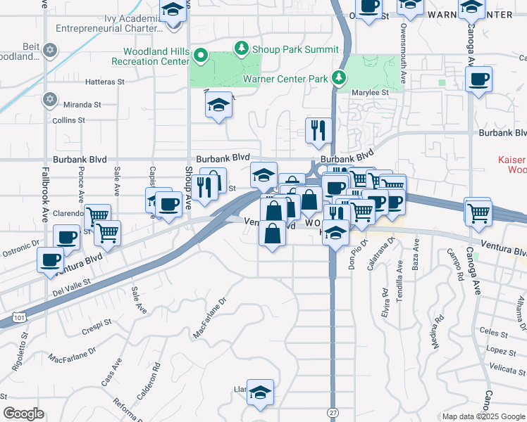 map of restaurants, bars, coffee shops, grocery stores, and more near 22144 Clarendon Street in Los Angeles