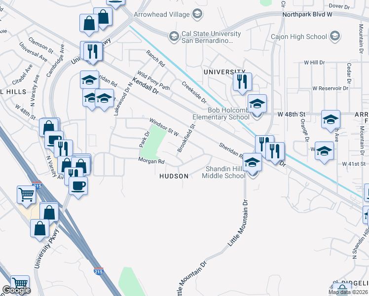map of restaurants, bars, coffee shops, grocery stores, and more near 1502 Windsor Street West in San Bernardino