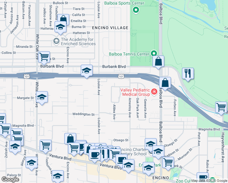 map of restaurants, bars, coffee shops, grocery stores, and more near 5412 Aldea Avenue in Los Angeles