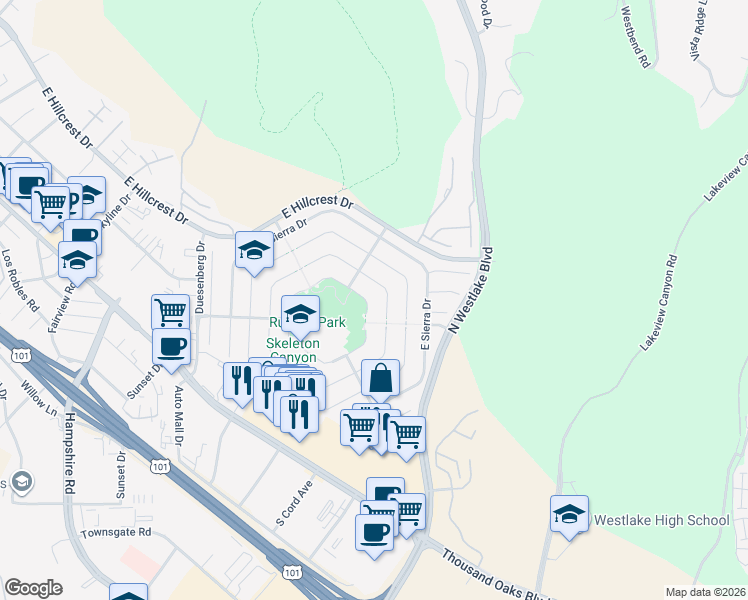 map of restaurants, bars, coffee shops, grocery stores, and more near 3042 East Cumberland Court in Westlake Village