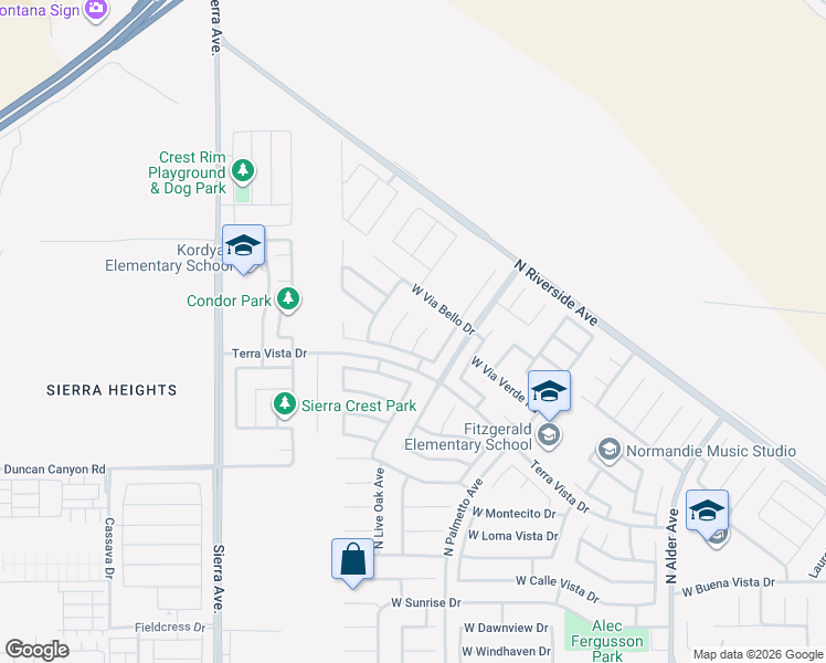 map of restaurants, bars, coffee shops, grocery stores, and more near 3834 North Silver Tree Court in Rialto