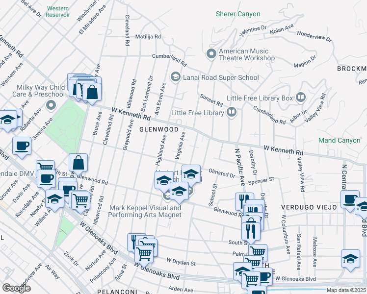 map of restaurants, bars, coffee shops, grocery stores, and more near 1432 Virginia Avenue in Glendale