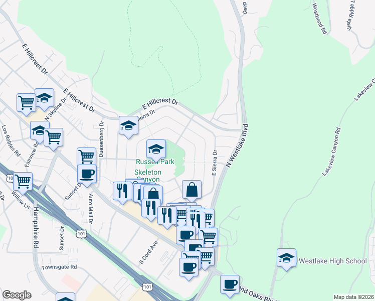 map of restaurants, bars, coffee shops, grocery stores, and more near 3093 West Adirondack Court in Westlake Village