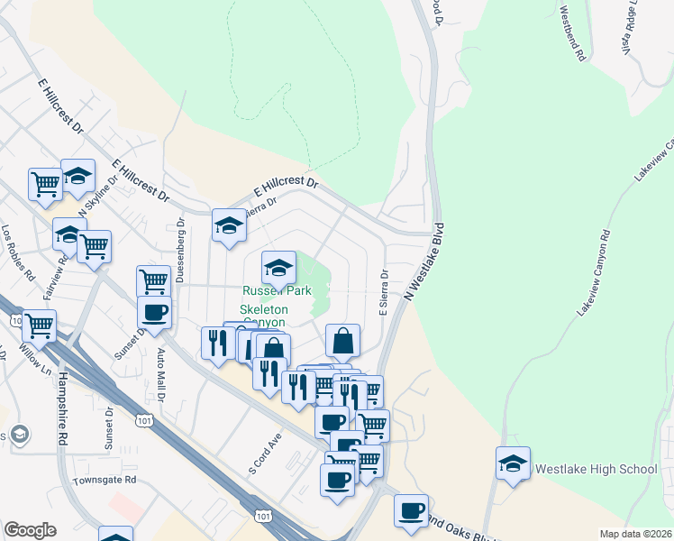 map of restaurants, bars, coffee shops, grocery stores, and more near 3042 East Cumberland Court in Westlake Village