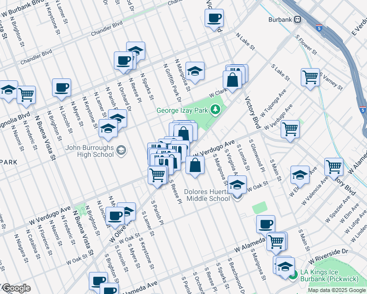 map of restaurants, bars, coffee shops, grocery stores, and more near 134 North Beachwood Drive in Burbank