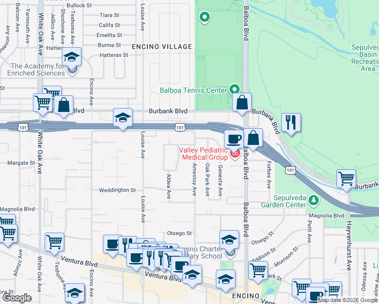 map of restaurants, bars, coffee shops, grocery stores, and more near 5415 Amestoy Avenue in Los Angeles