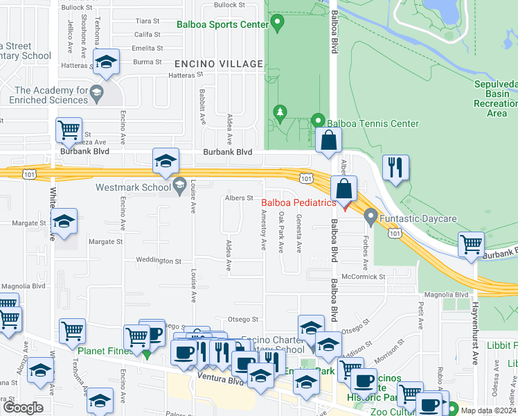 map of restaurants, bars, coffee shops, grocery stores, and more near 5415 Amestoy Avenue in Los Angeles