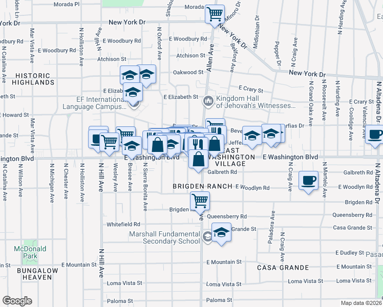 map of restaurants, bars, coffee shops, grocery stores, and more near 1387 North Dominion Avenue in Pasadena