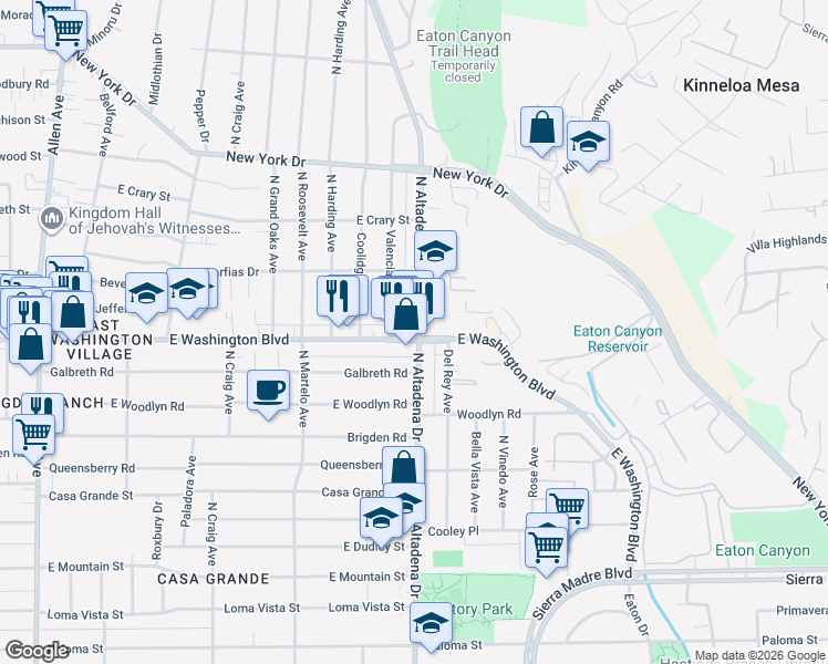 map of restaurants, bars, coffee shops, grocery stores, and more near 1349 North Altadena Drive in Pasadena