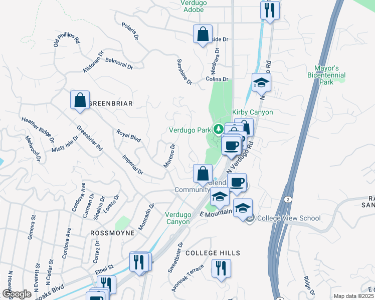 map of restaurants, bars, coffee shops, grocery stores, and more near 1815 Las Flores Drive in Glendale