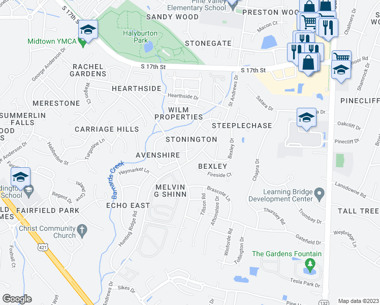 map of restaurants, bars, coffee shops, grocery stores, and more near 4110 Kettering Place in Wilmington