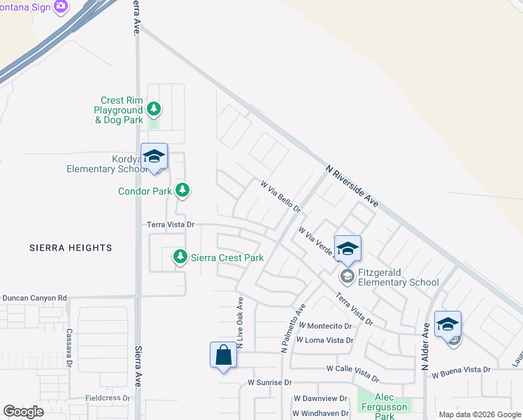 map of restaurants, bars, coffee shops, grocery stores, and more near 3856 North Dove Tree Avenue in Rialto