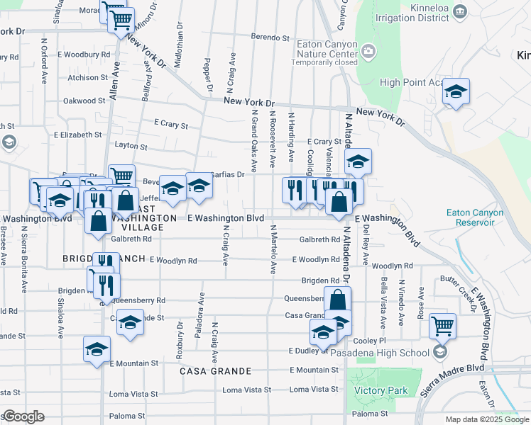 map of restaurants, bars, coffee shops, grocery stores, and more near 1391 North Grand Oaks Avenue in Pasadena