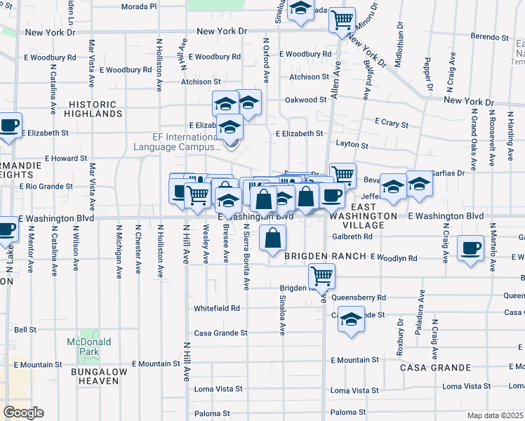 map of restaurants, bars, coffee shops, grocery stores, and more near 1382 North Sierra Bonita Avenue in Pasadena