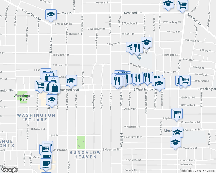 map of restaurants, bars, coffee shops, grocery stores, and more near 1401 North Holliston Avenue in Pasadena