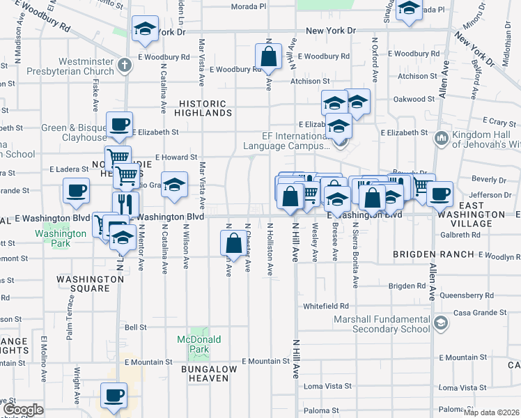 map of restaurants, bars, coffee shops, grocery stores, and more near 1401 North Holliston Avenue in Pasadena