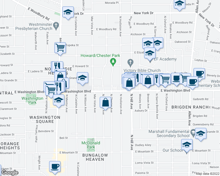 map of restaurants, bars, coffee shops, grocery stores, and more near 4 Dane Alley in Pasadena