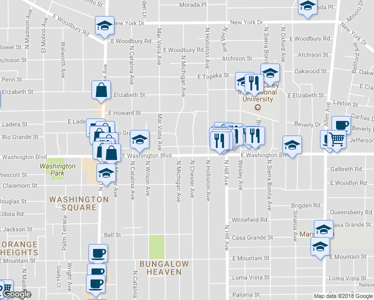 map of restaurants, bars, coffee shops, grocery stores, and more near 4 Dane Alley in Pasadena