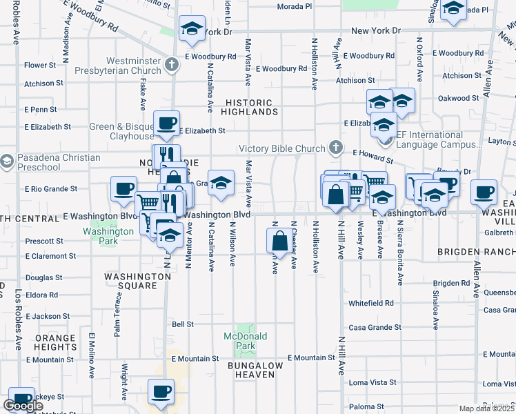 map of restaurants, bars, coffee shops, grocery stores, and more near 1399 North Michigan Avenue in Pasadena