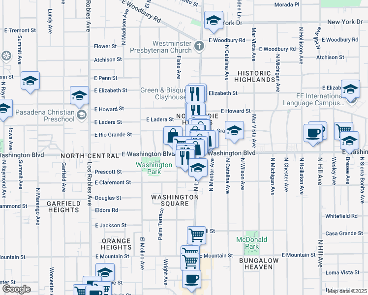 map of restaurants, bars, coffee shops, grocery stores, and more near 815 East Washington Boulevard in Pasadena