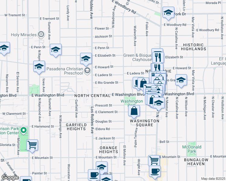 map of restaurants, bars, coffee shops, grocery stores, and more near 588 East Rio Grande Street in Pasadena