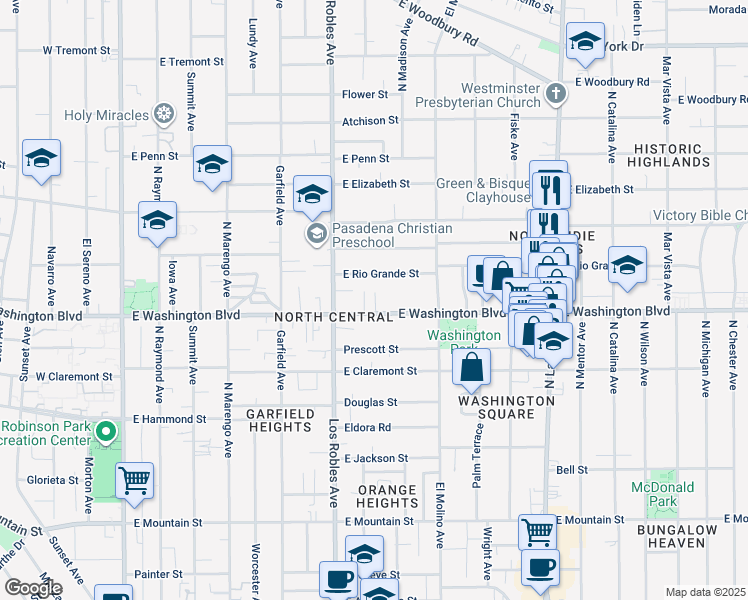 map of restaurants, bars, coffee shops, grocery stores, and more near 518 East Rio Grande Street in Pasadena