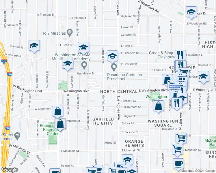 map of restaurants, bars, coffee shops, grocery stores, and more near 1401 North Los Robles Avenue in Pasadena