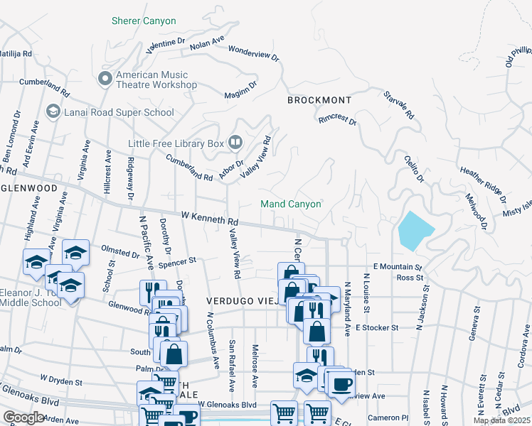 map of restaurants, bars, coffee shops, grocery stores, and more near 230 Cumberland Road in Glendale