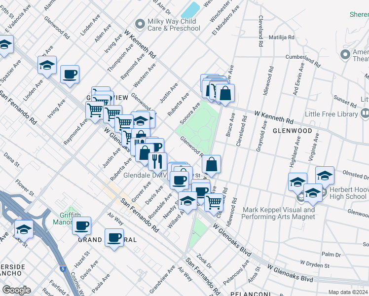 map of restaurants, bars, coffee shops, grocery stores, and more near 1410 Glenwood Road in Glendale