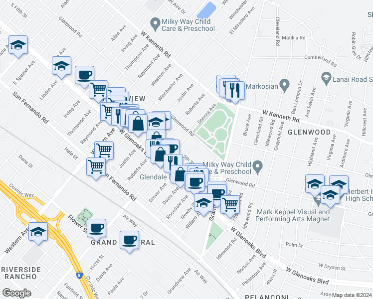 map of restaurants, bars, coffee shops, grocery stores, and more near 1160 Sonora Avenue in Glendale