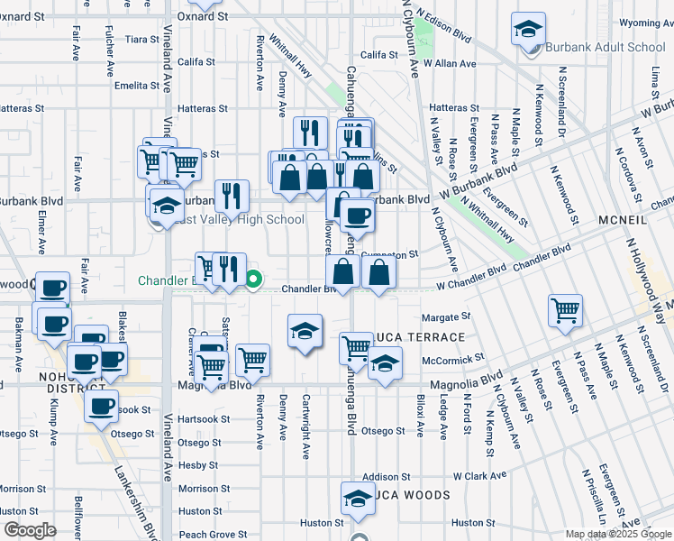 map of restaurants, bars, coffee shops, grocery stores, and more near 5439 Cahuenga Boulevard in Los Angeles