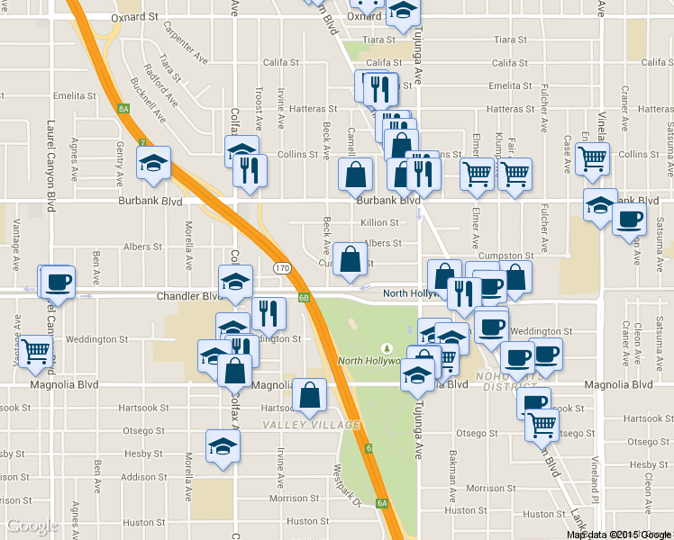 map of restaurants, bars, coffee shops, grocery stores, and more near 11521 Cumpston Street in Los Angeles