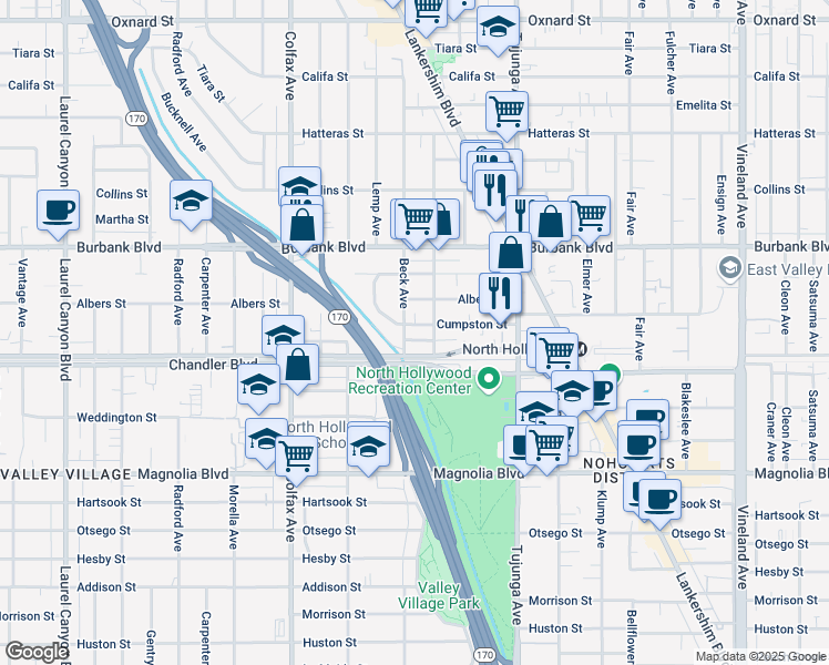 map of restaurants, bars, coffee shops, grocery stores, and more near 11521 Cumpston Street in Los Angeles
