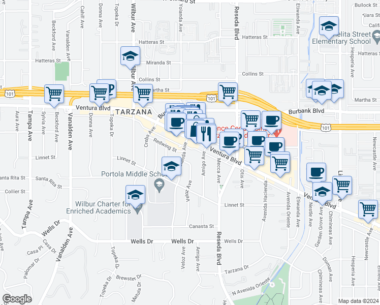 map of restaurants, bars, coffee shops, grocery stores, and more near 18700 Ventura Boulevard in Los Angeles