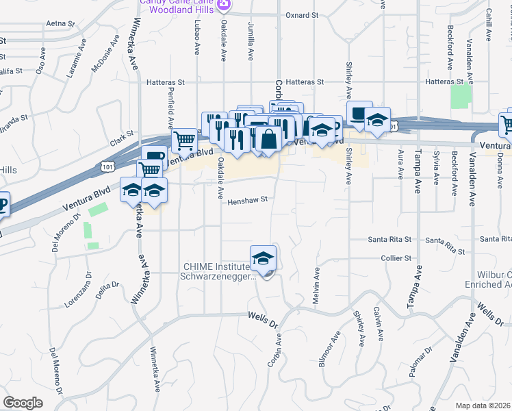 map of restaurants, bars, coffee shops, grocery stores, and more near 19709 Henshaw Street in Los Angeles