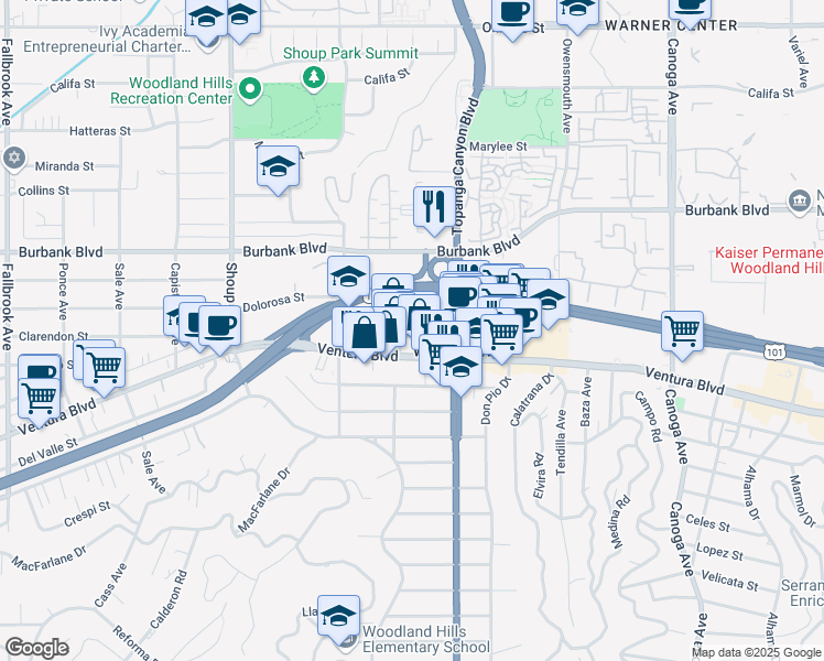 map of restaurants, bars, coffee shops, grocery stores, and more near 22131 Clarendon Street in Los Angeles
