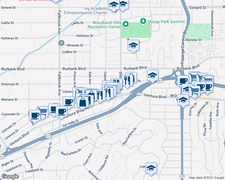 map of restaurants, bars, coffee shops, grocery stores, and more near 22422 Dolorosa Street in Los Angeles