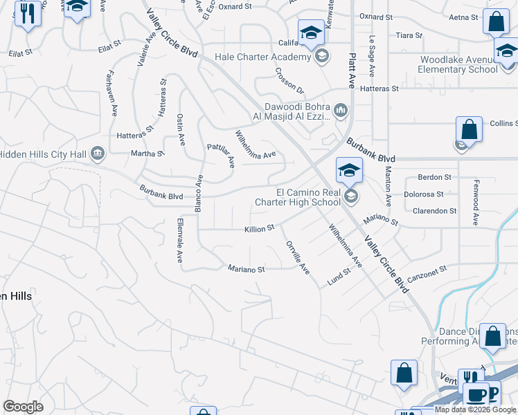 map of restaurants, bars, coffee shops, grocery stores, and more near 23921 Berdon Street in Los Angeles