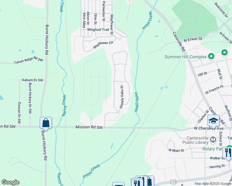 map of restaurants, bars, coffee shops, grocery stores, and more near 17 Twelve Oaks Drive Southeast in Cartersville