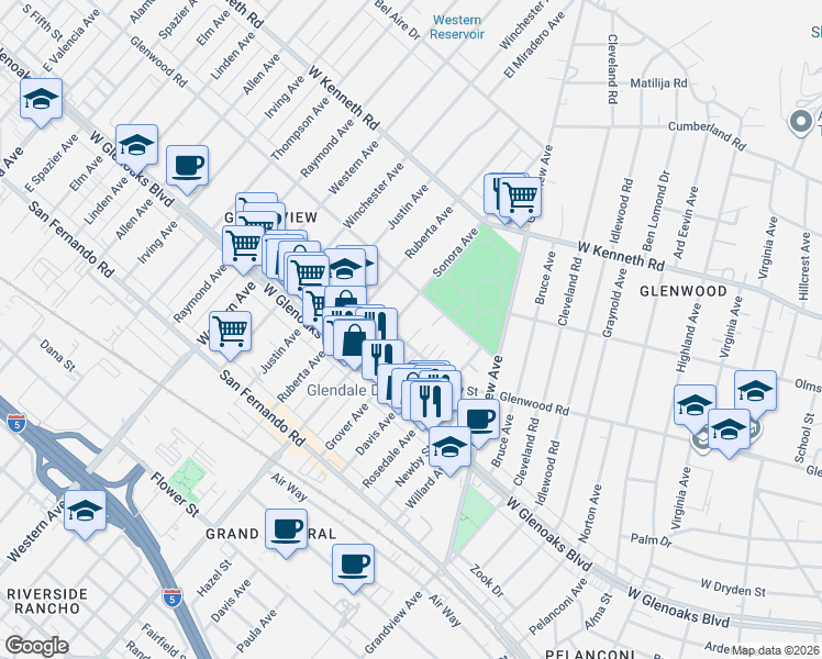 map of restaurants, bars, coffee shops, grocery stores, and more near 1421 5th Street in Glendale