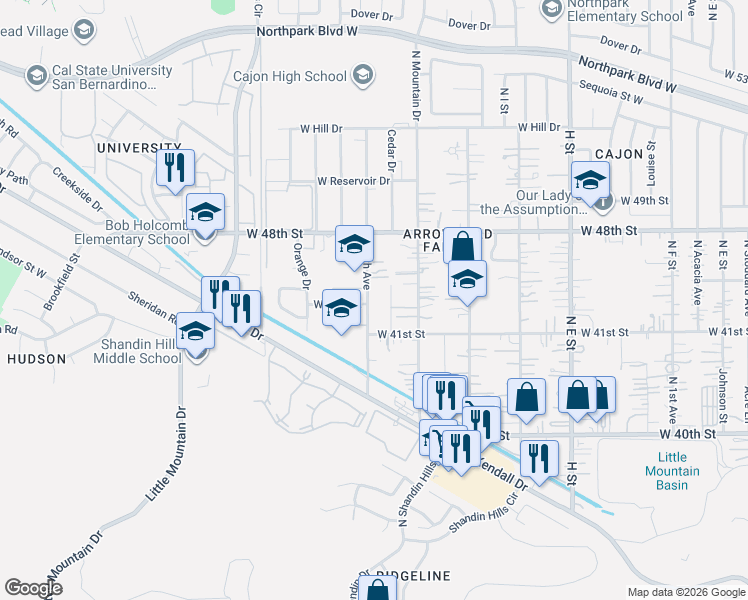 map of restaurants, bars, coffee shops, grocery stores, and more near 4127 North 4th Avenue in San Bernardino County