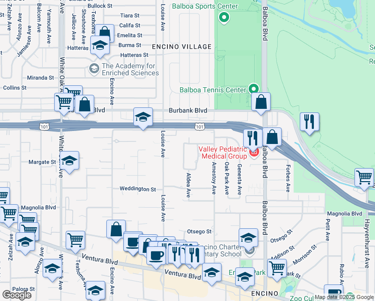 map of restaurants, bars, coffee shops, grocery stores, and more near 5412 Aldea Avenue in Los Angeles