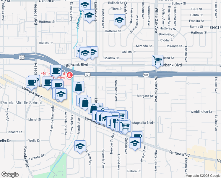 map of restaurants, bars, coffee shops, grocery stores, and more near 5429 Newcastle Avenue in Los Angeles